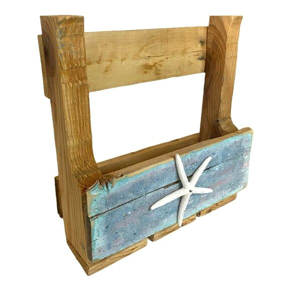 STARFISH Hand Painted Rustic BEACH Planter Box Reclaimed Wood Stand Shelf Bin - Picture 2 of 12